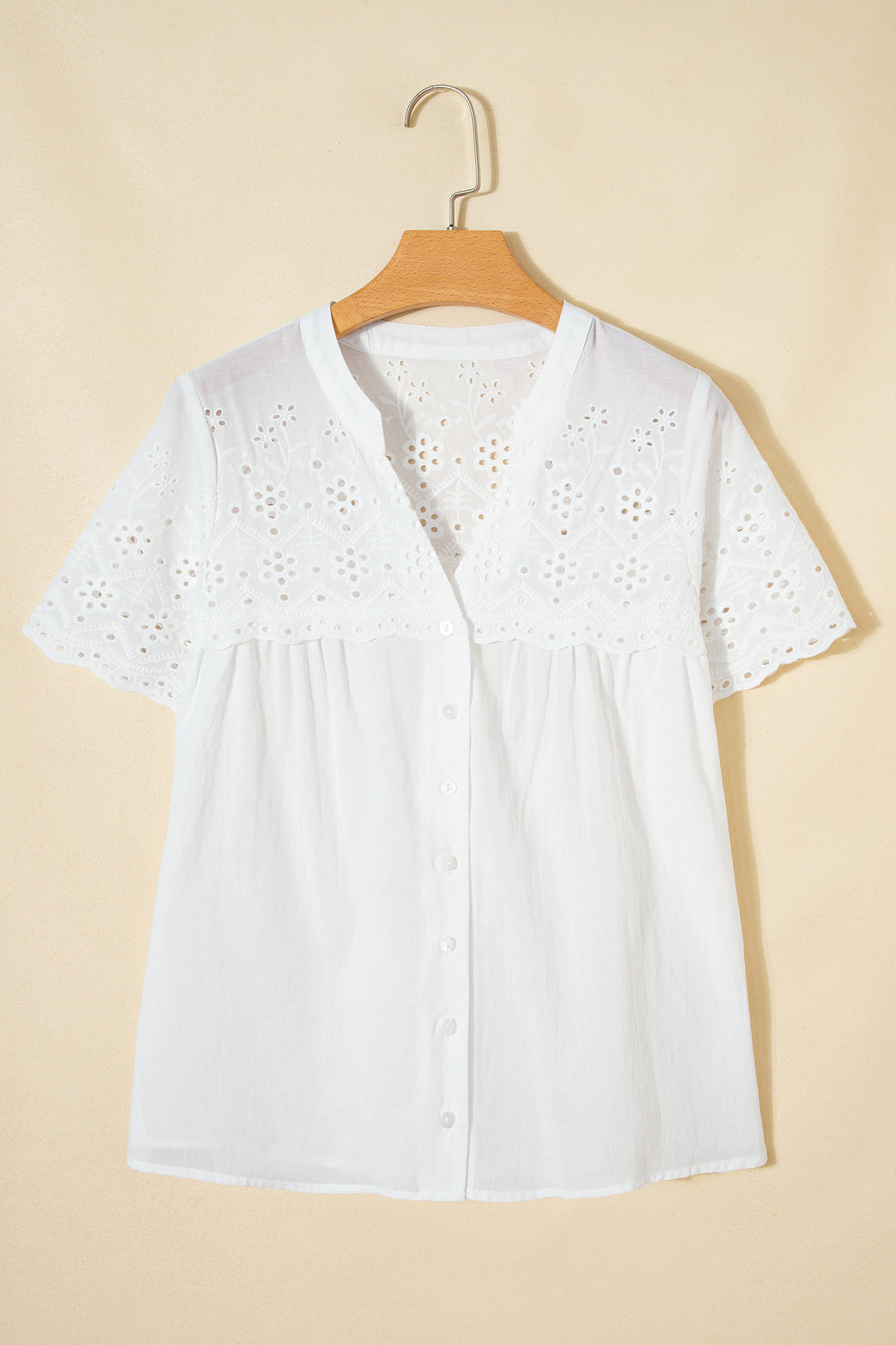 Flower Eyelet Embroidered Patchwork Sheer Short Sleeve Shirt