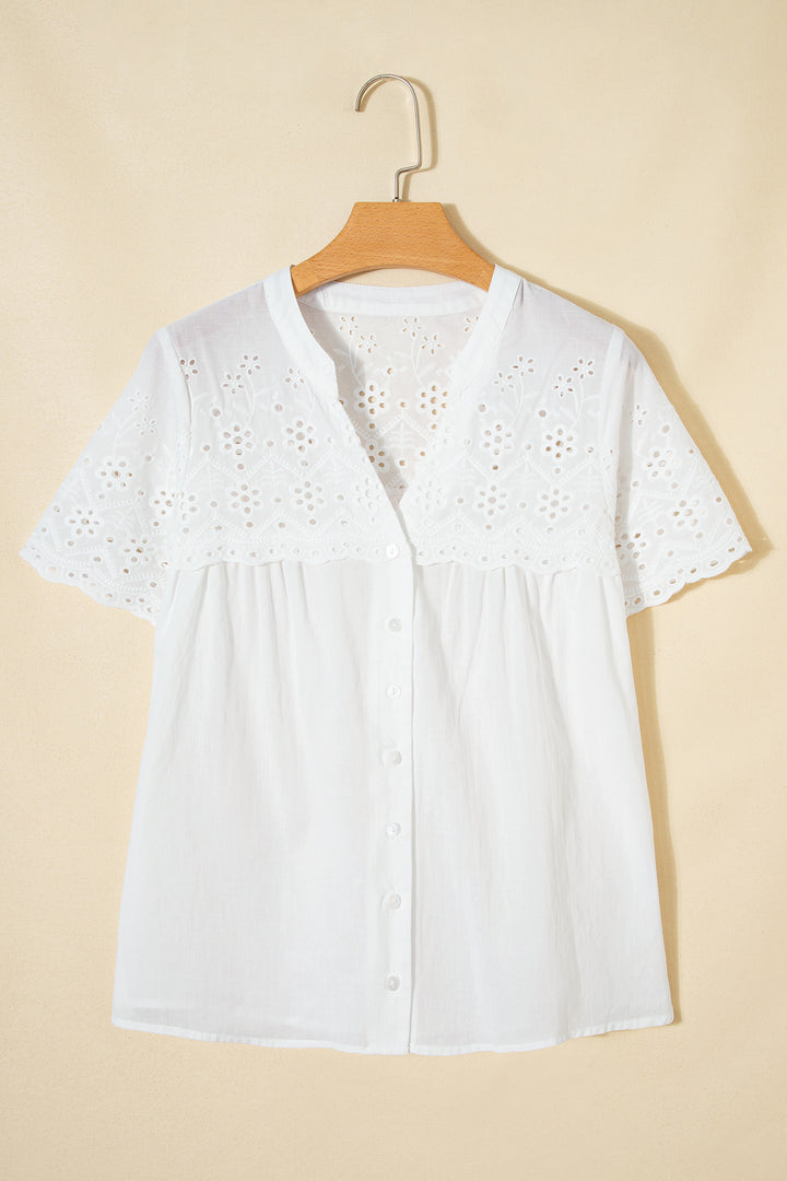 Flower Eyelet Embroidered Patchwork Sheer Short Sleeve Shirt