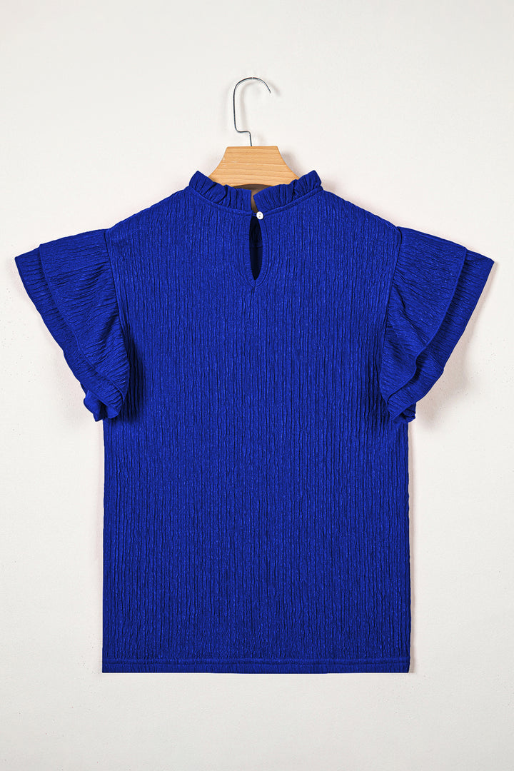 Dark Blue Solid Color Textured Ruffle Trim Short Sleeve Blouse