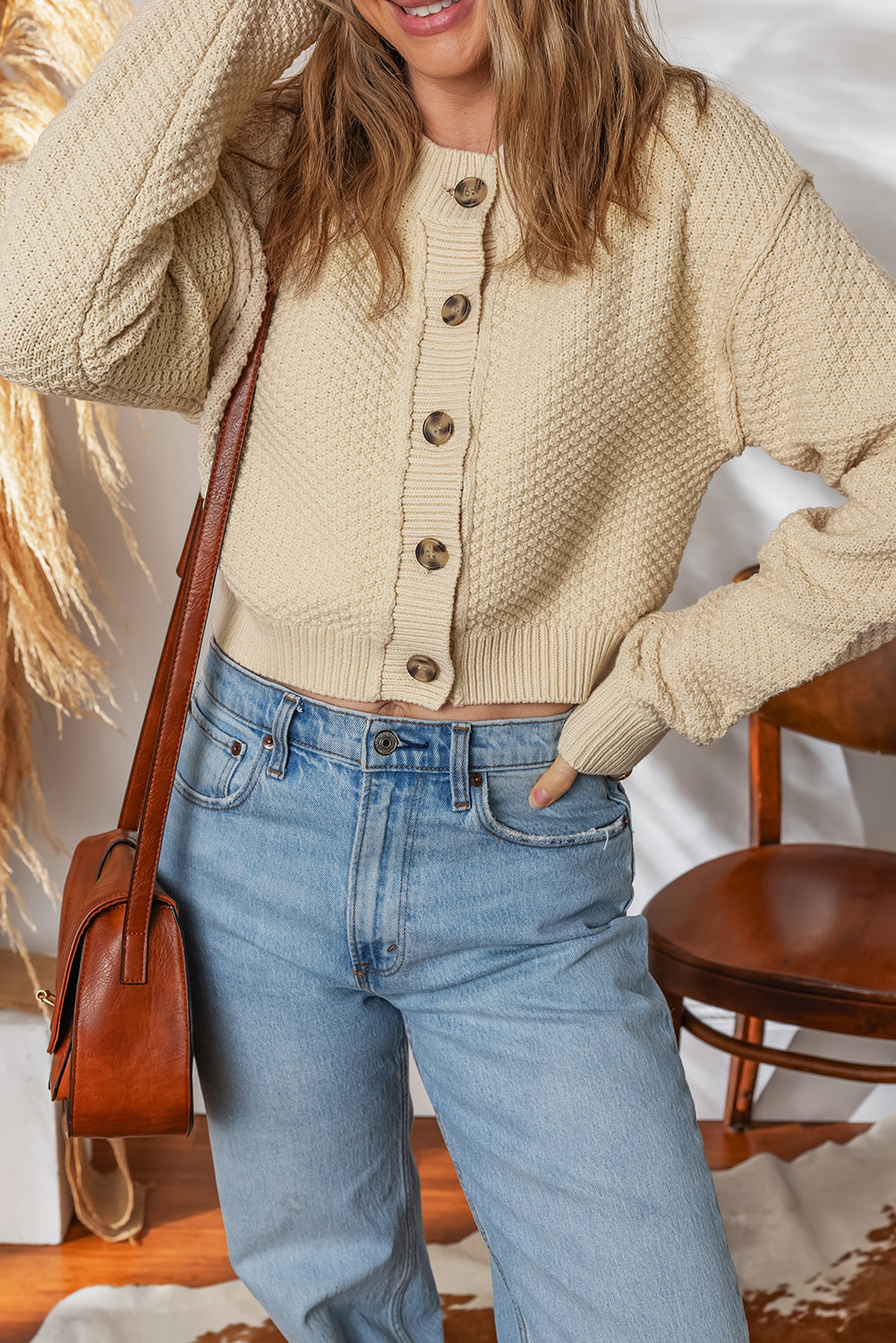 Button Front Cropped Cardigan Sweater