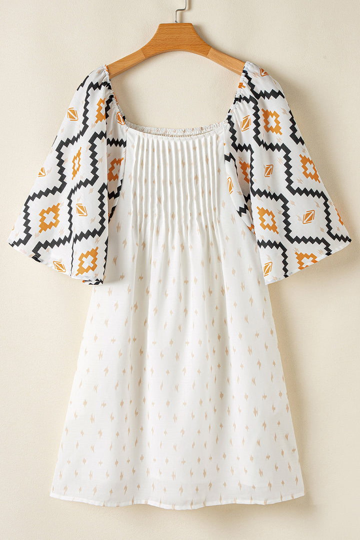 Western Aztec Print Pleated Square Neck Loose Mini Dress
