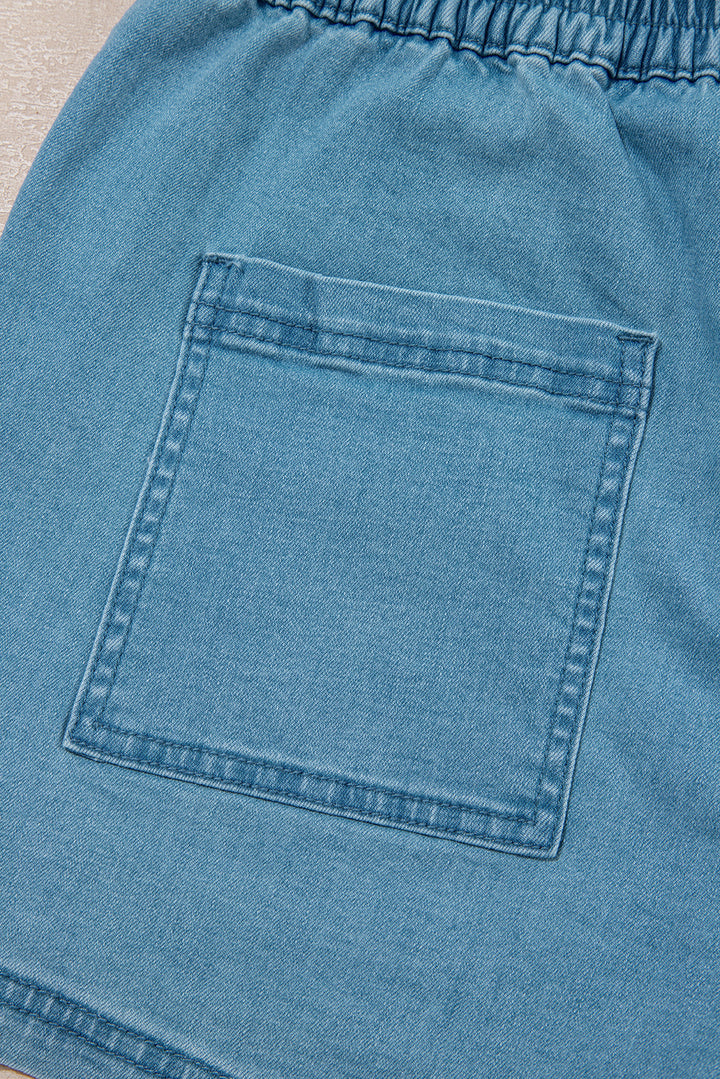 Beau Blue Contrast Drawstring Elastic Waistband Denim Shorts