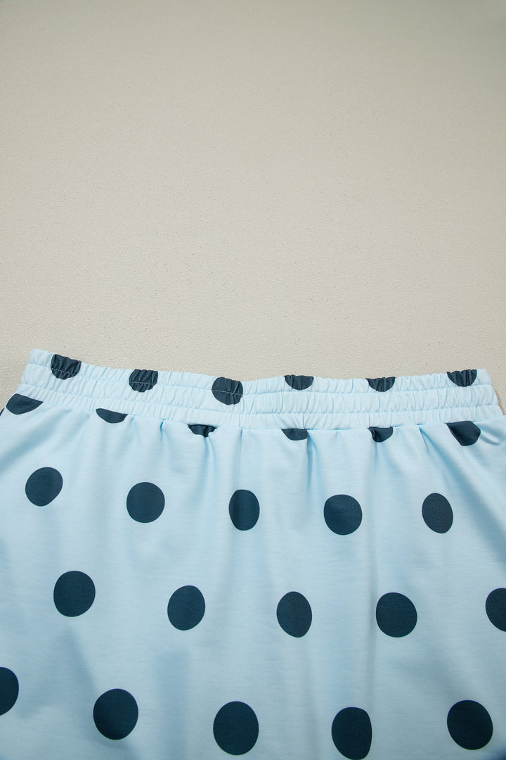 Sky Blue Ribbed Trim Polka Dot Print Tank Split Mini Skort 2pcs Set