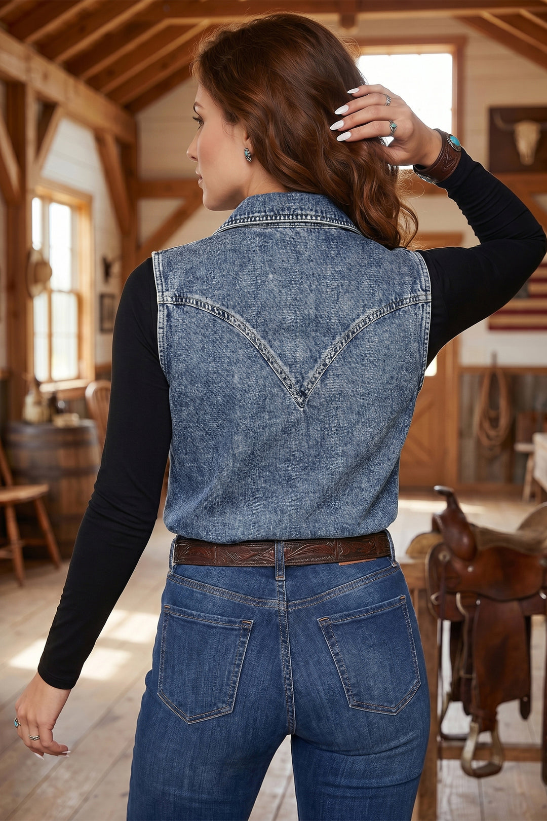 Ashleigh Blue Solid Denim Button Front Pocket Cowboy Vest