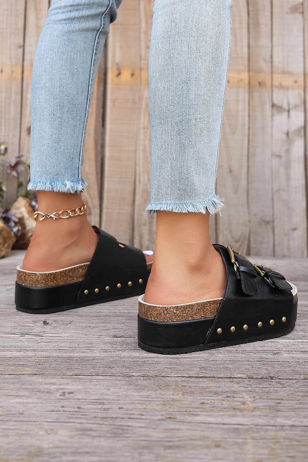Dual Buckle Studded Platform Sandal Slippers