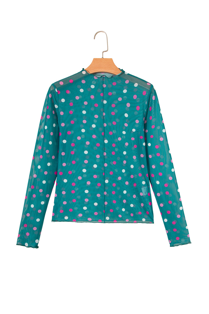 Green Polka Dot Patterned Bodycon Mock Neck Mesh Long Sleeve Top