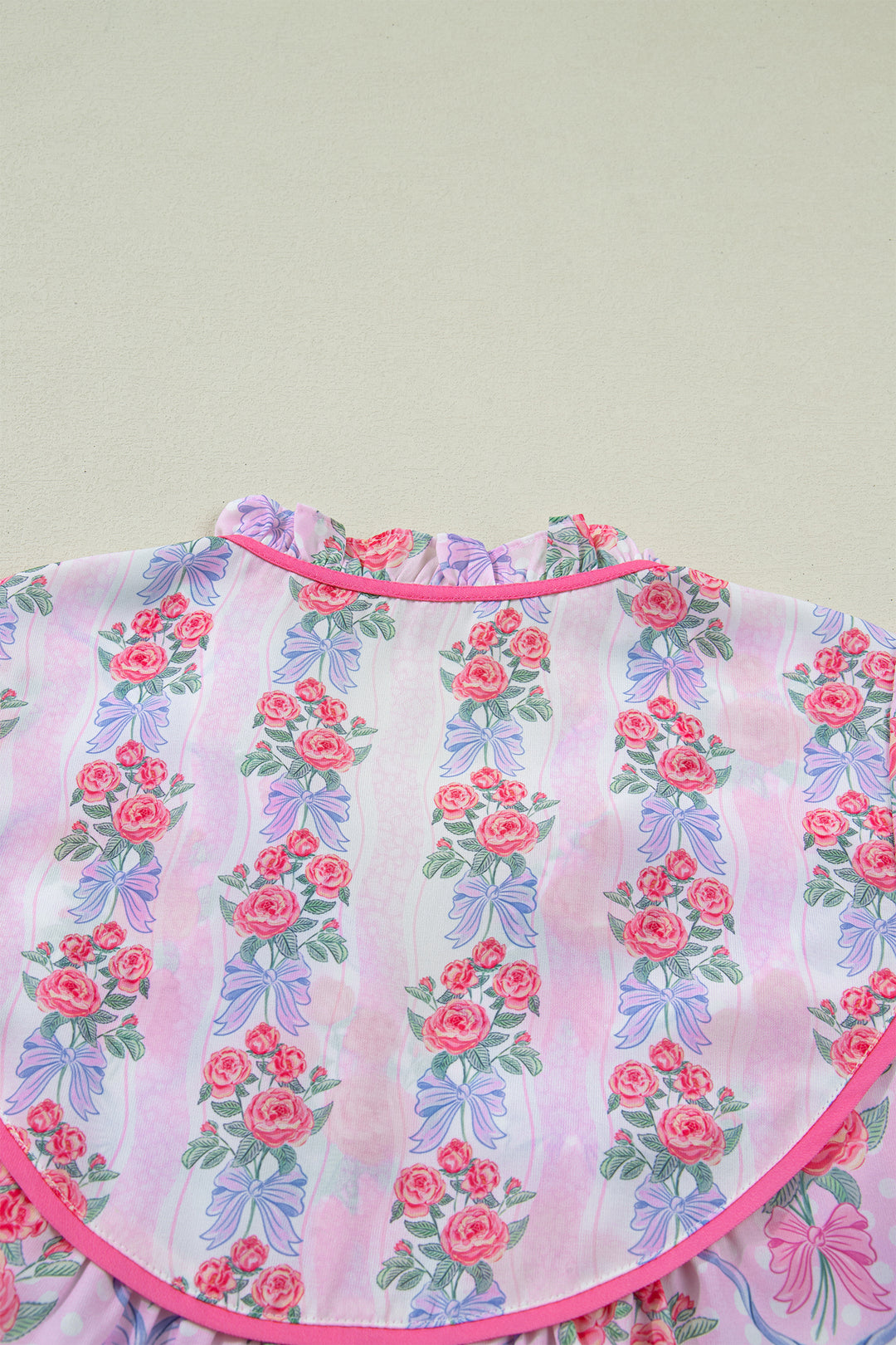 Purple Coquette Floral Bow Printed Contrast Ruffled Short Sleeve Blouse