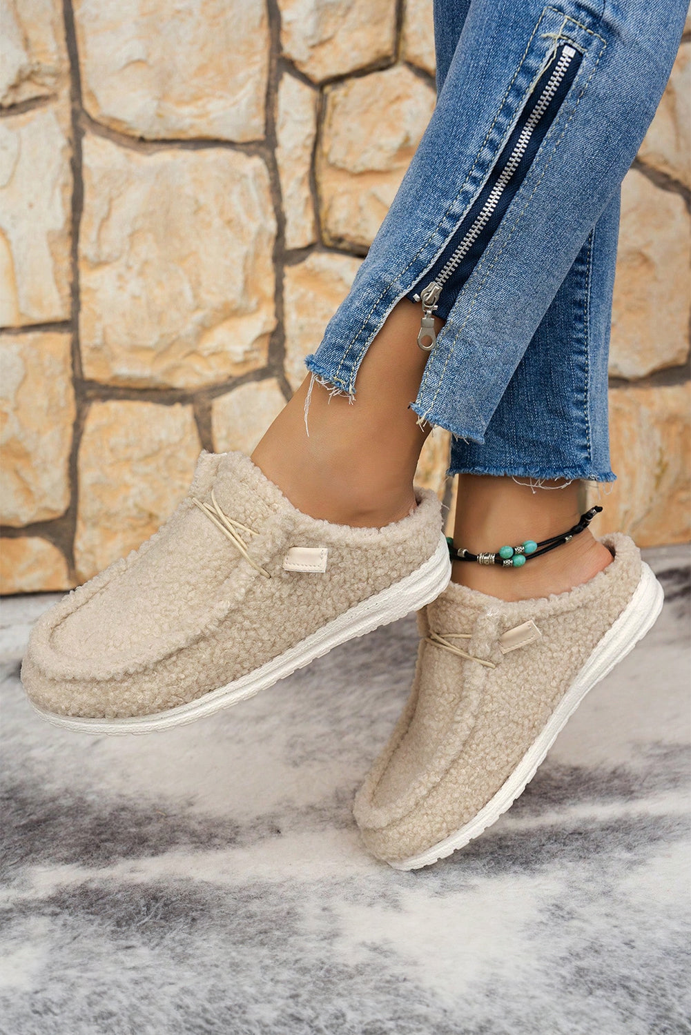 Lace Up Detail Slip On Sherpa Shoes
