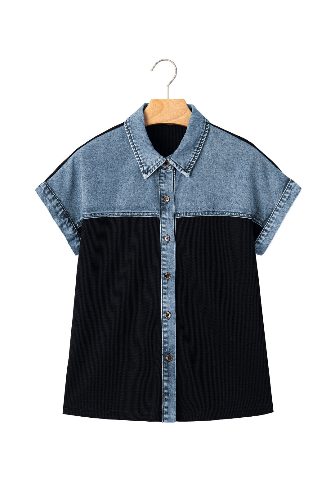 Black Textured Knit Denim Color Block Patchwork Collar Button Down Shirt