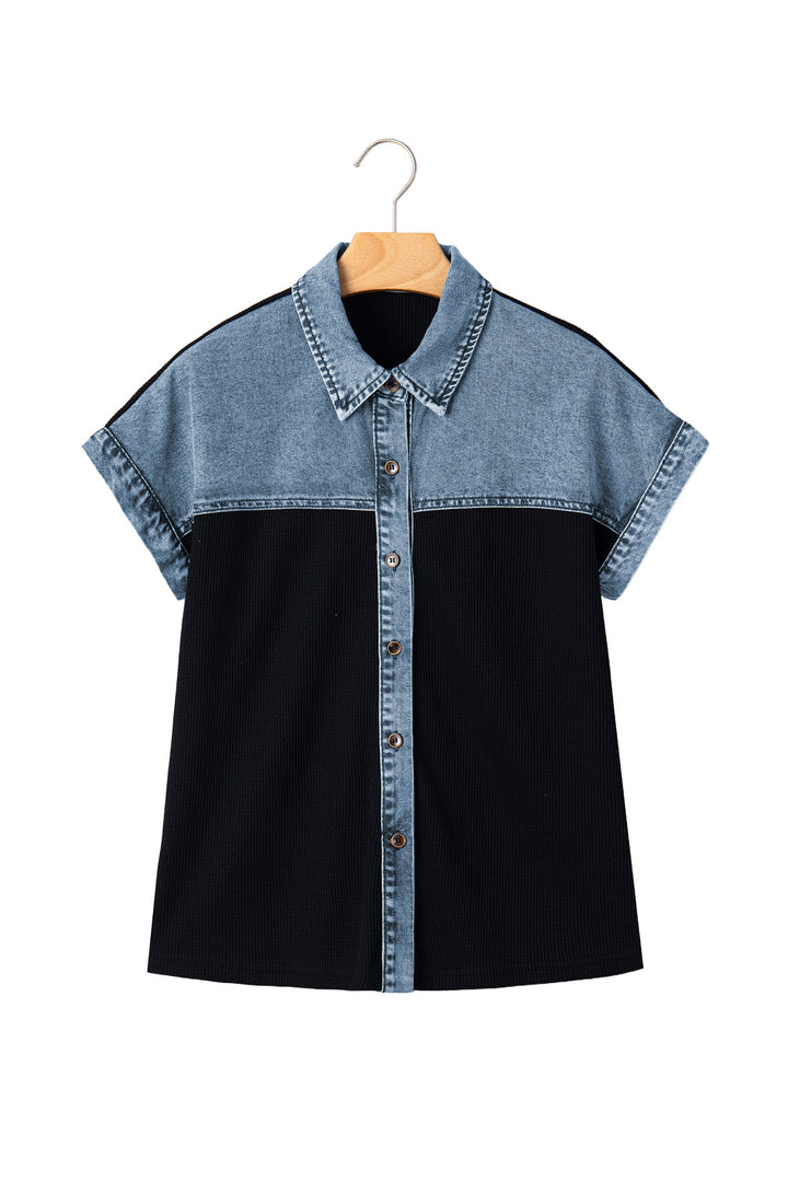 Black Textured Knit Denim Color Block Patchwork Collar Button Down Shirt