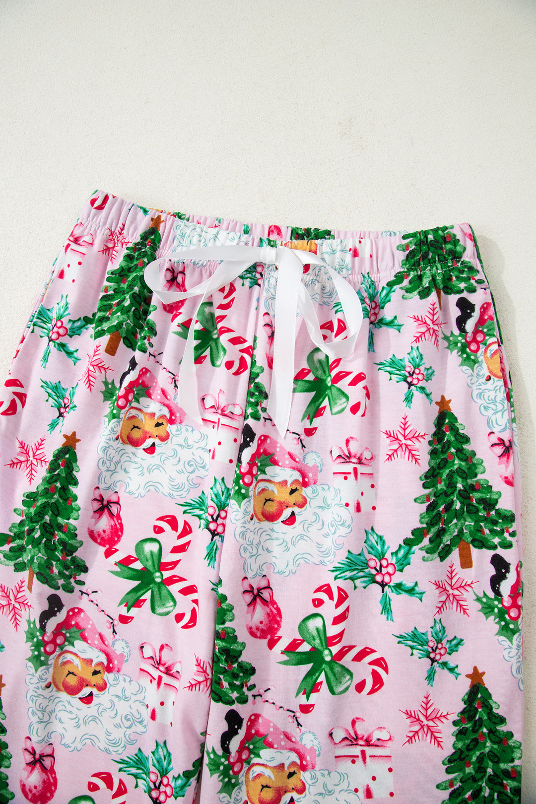 Pink Christmas Pattern Button V Neck Pullover Drawstring Pants 2pcs Lounge Set