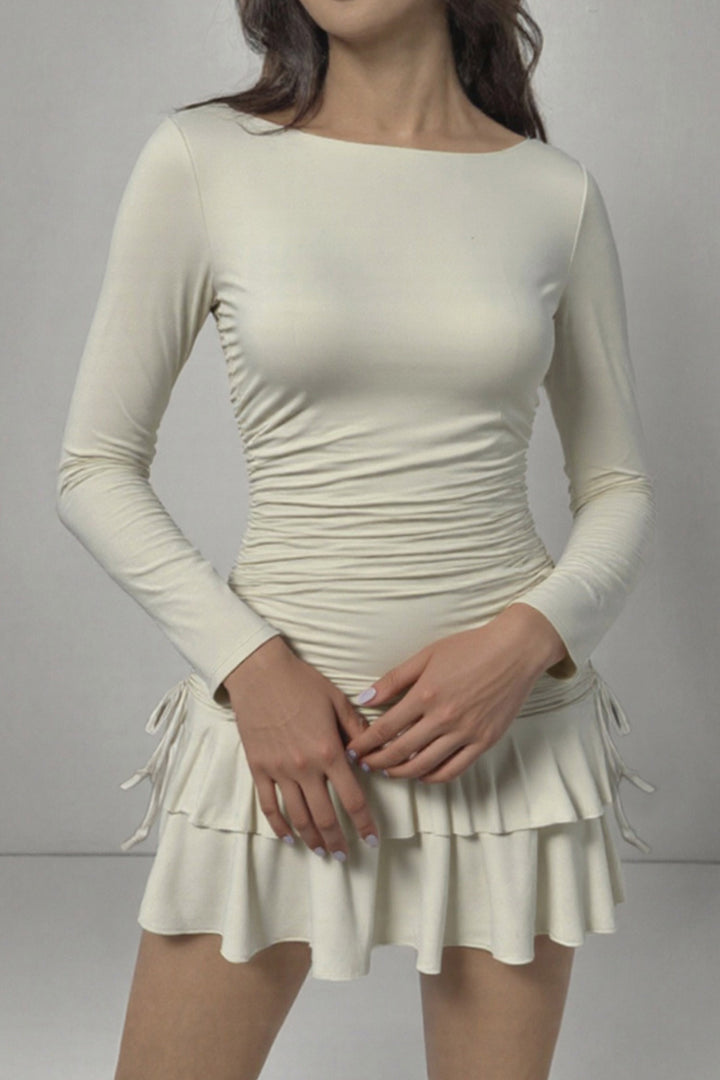 White Solid Color Long Sleeve Drawstring Ruffle Tiered Mini Dress