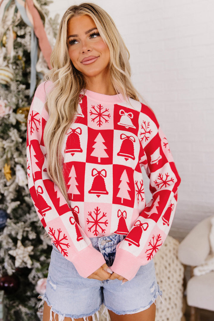 Pink Christmas Plaid Pullover Round Neck Long Sleeve Casual Fit Tunic Knitwear Sweater