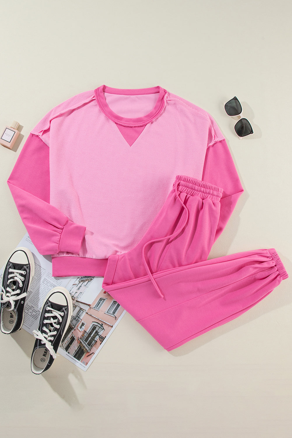 Bonbon Contrast Patchwork Pullover and Joggers Set