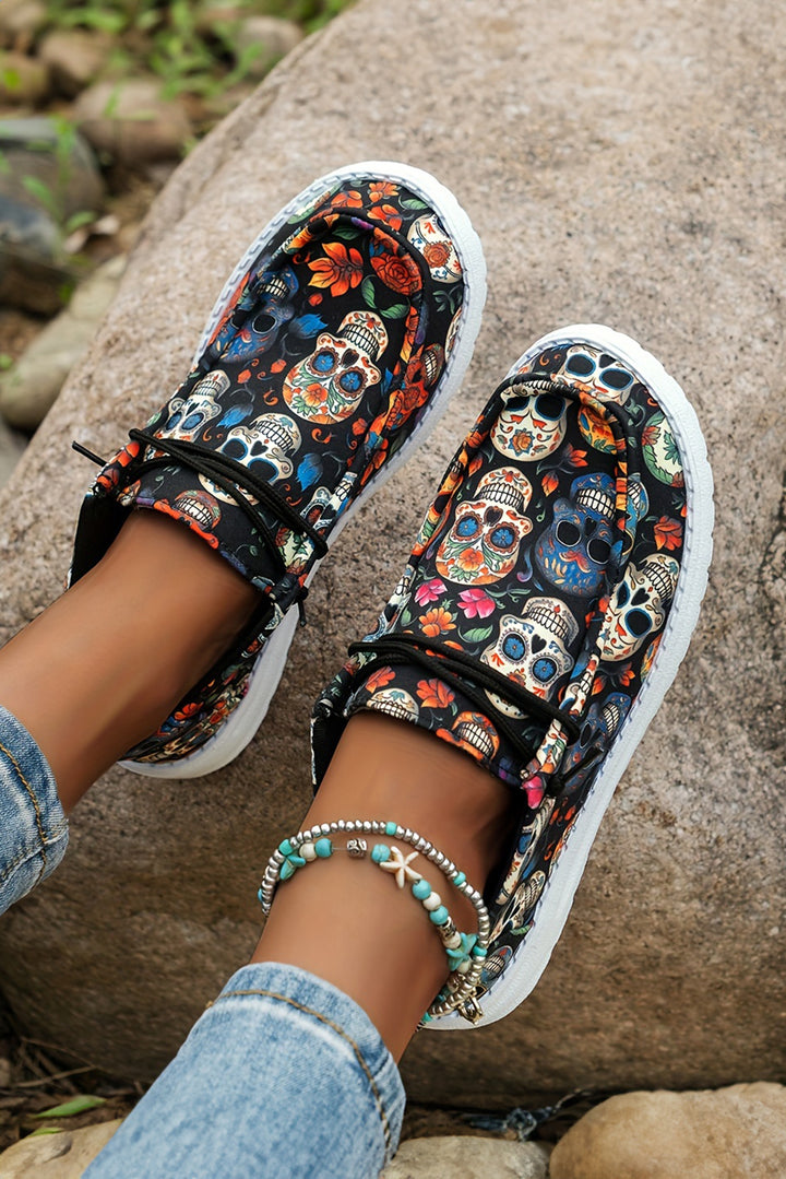 Sugar Skull Print Lace-up Detail Halloween Flat Shoes