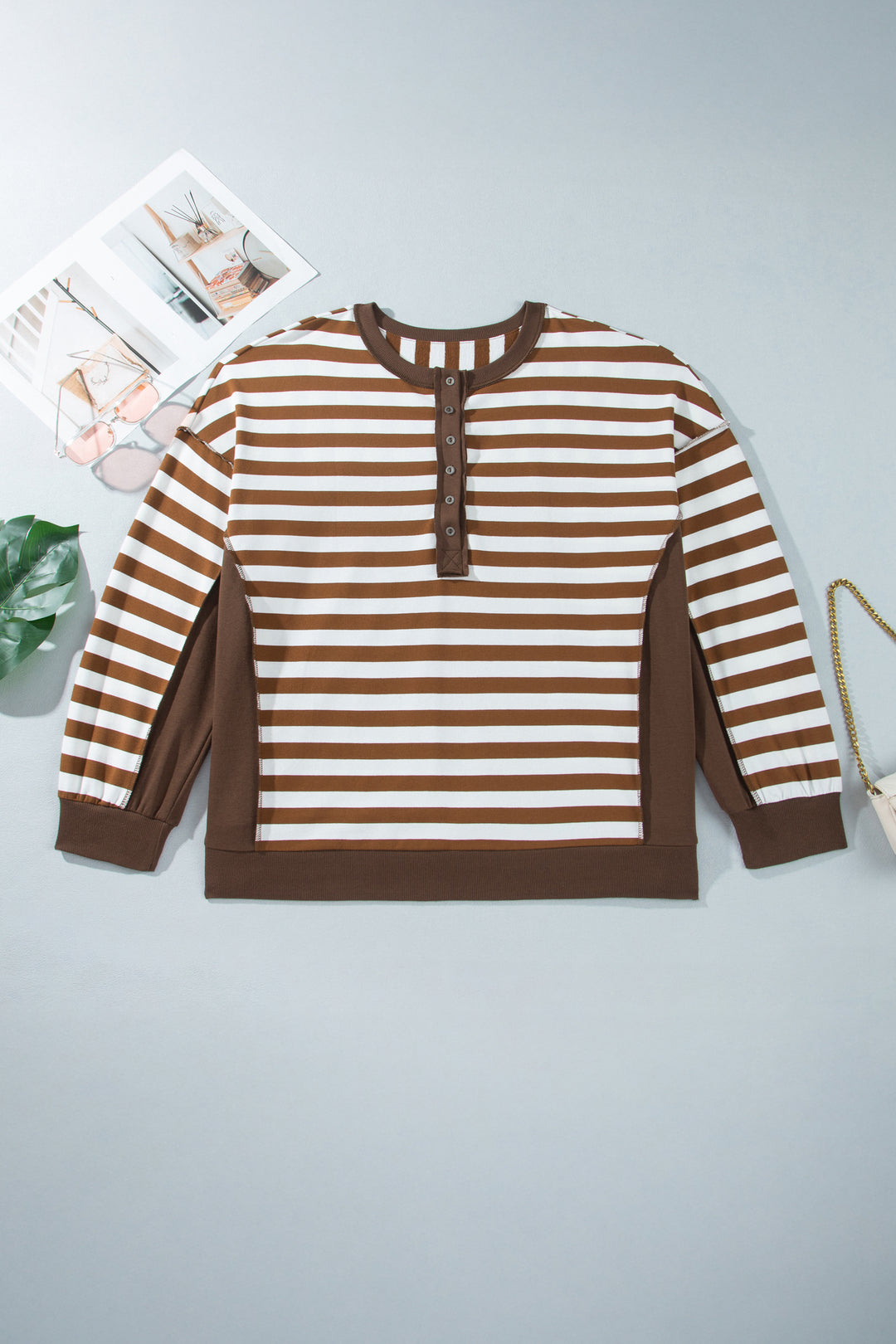 Khaki Stripe Striped V-Neck Button Tunic Ribbed Cuffs Long Sleeve Plus Size Sweatshirt