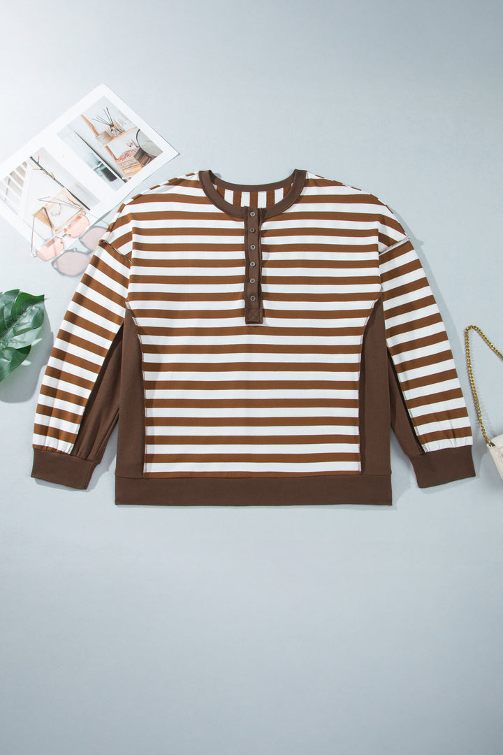 Khaki Stripe Striped V-Neck Button Tunic Ribbed Cuffs Long Sleeve Plus Size Sweatshirt