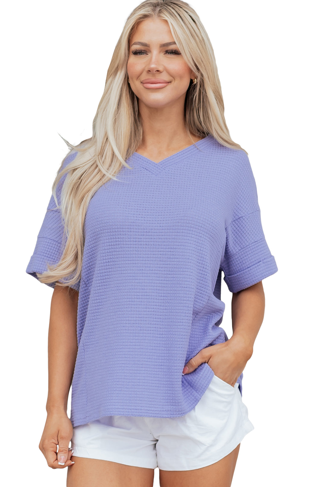 Waffle V Neck Short Sleeve Knit Top
