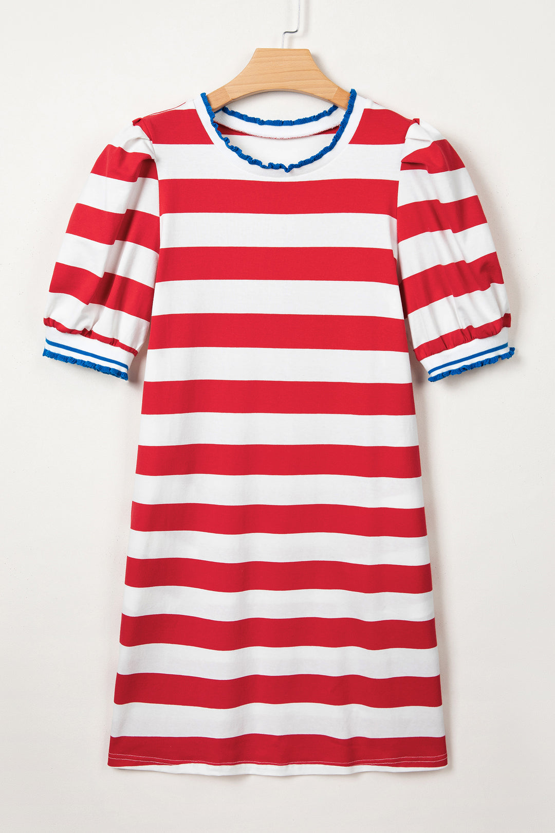 Red Stripe Contrast Trim Round Neck Short Puff Sleeve Shift Mini Dress