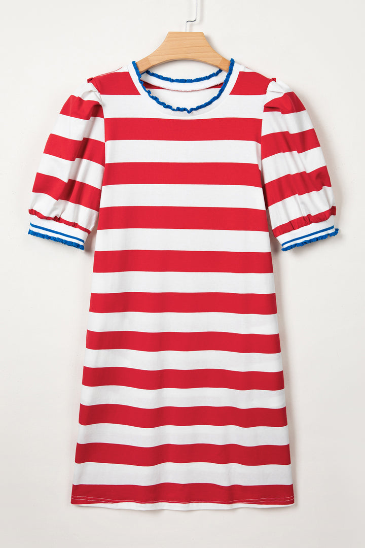 Red Stripe Contrast Trim Round Neck Short Puff Sleeve Shift Mini Dress