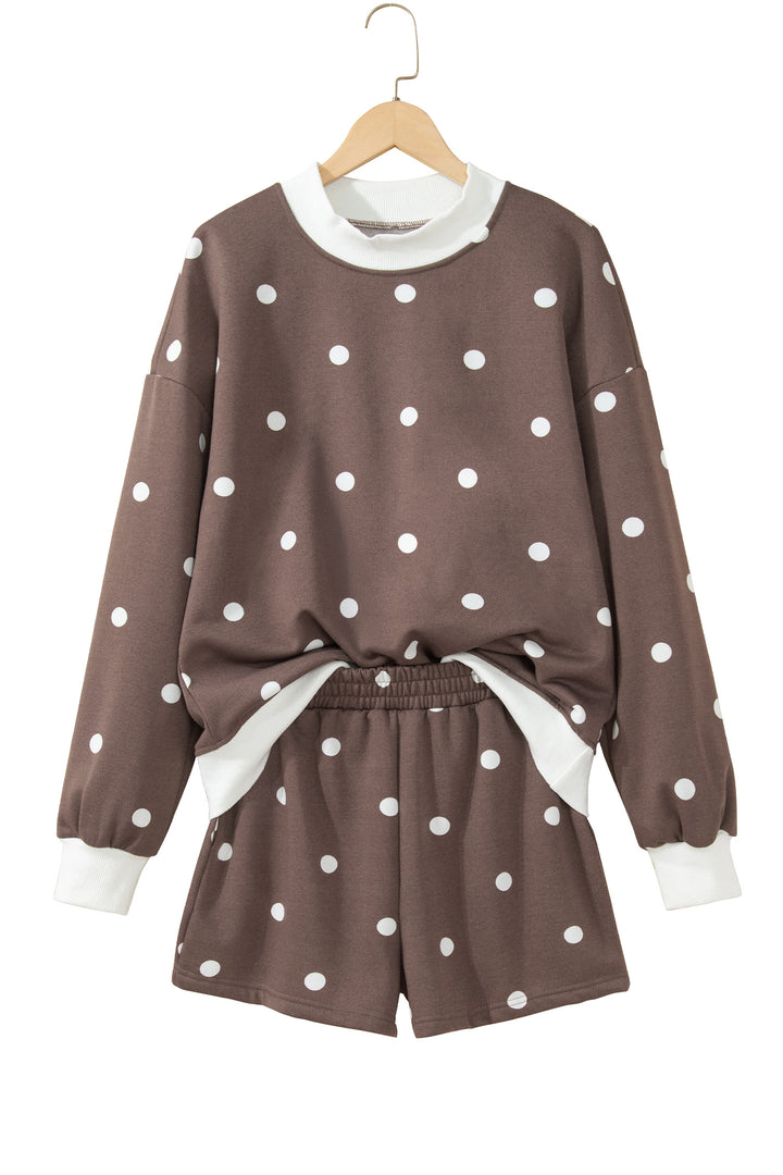 Brown Polka Dot Ribbed Trim Long Sleeve Top Casual Short Set