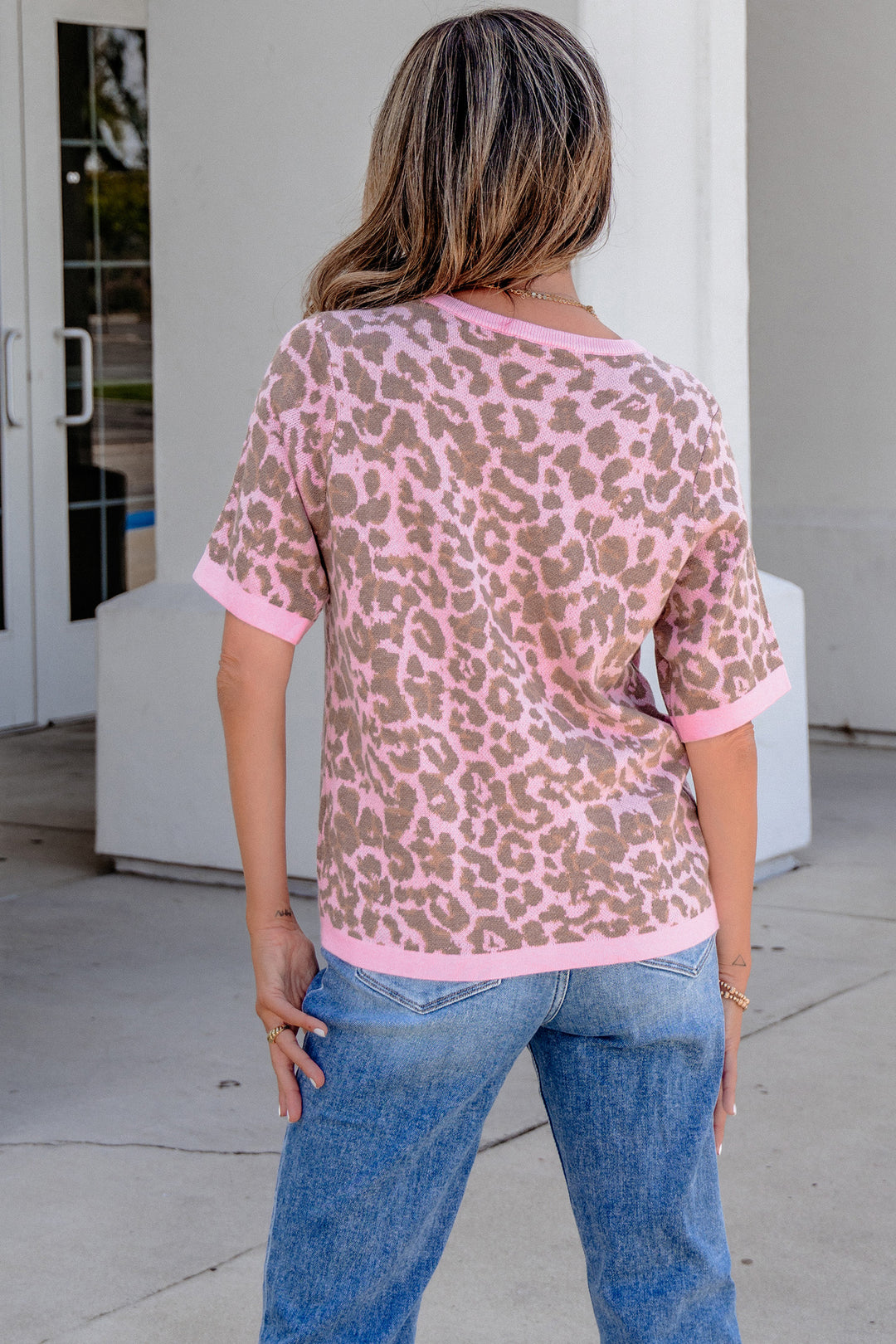 Pink Leopard Button Down Short Sleeve Sweater Cardigan