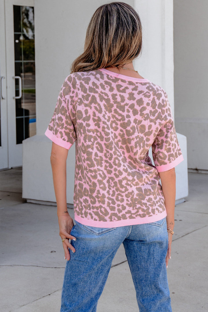 Pink Leopard Button Down Short Sleeve Sweater Cardigan