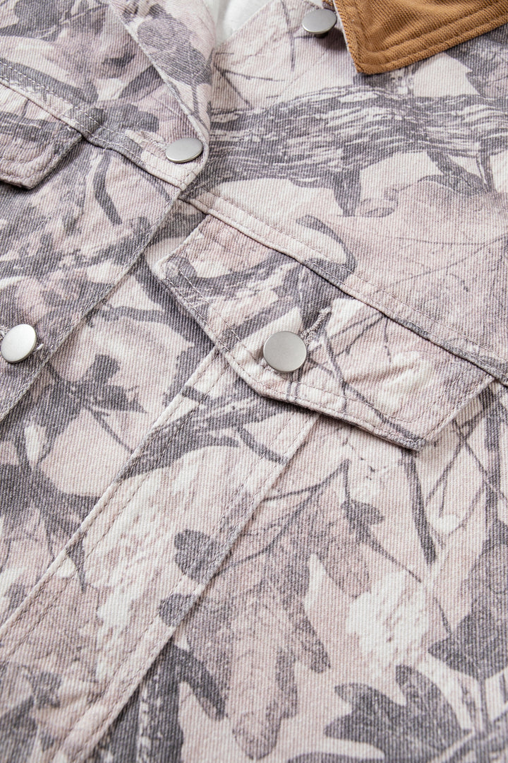 Gray Abstract Camo Print Colorblock Collar Oversized Shift Silhouette Denim Jacket