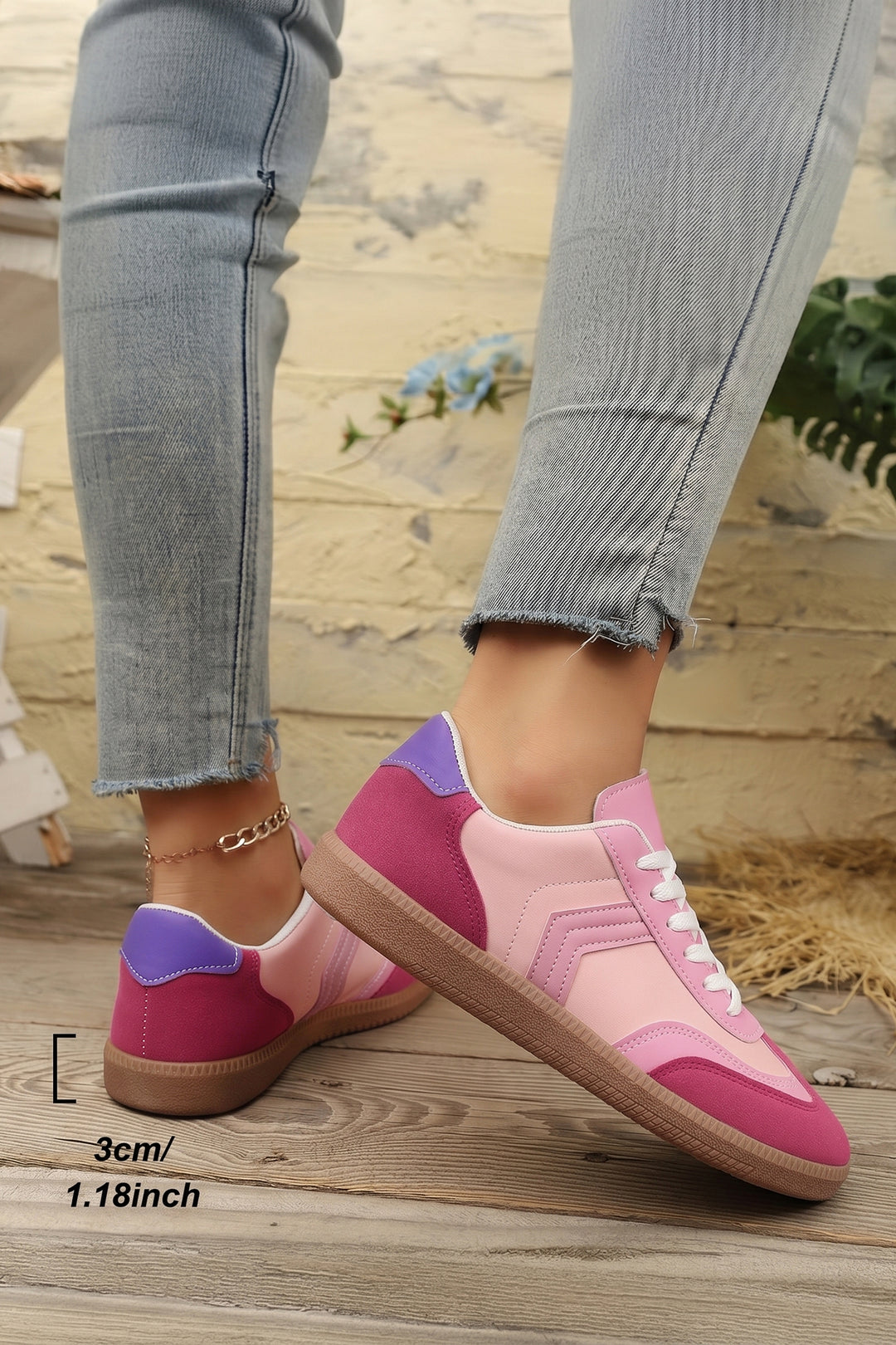 Pink Color Block PU Leather Lace-Up Rubber Sole Flat Shoes