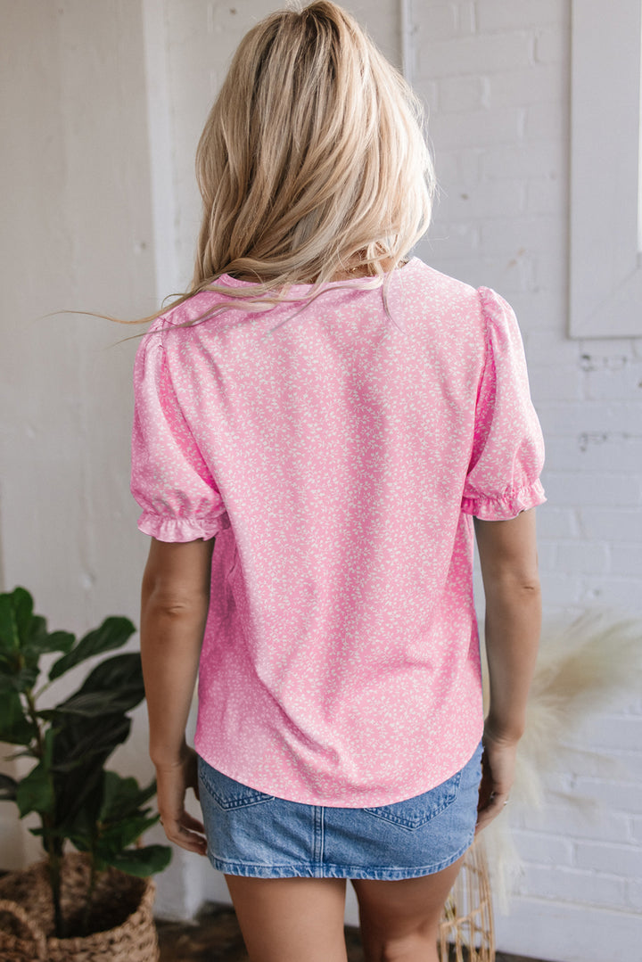Floral Embroidered Puff Sleeve Notched V Neck Blouse