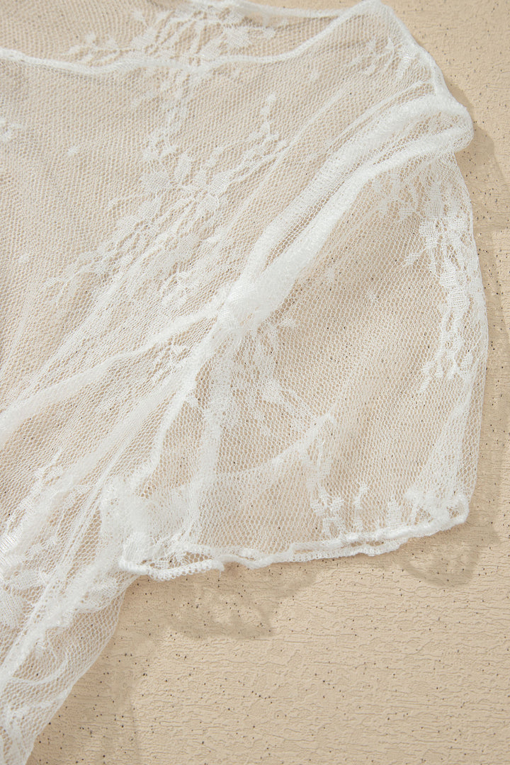 White Exposed Seam Ruched Sheer Floral Mesh Top
