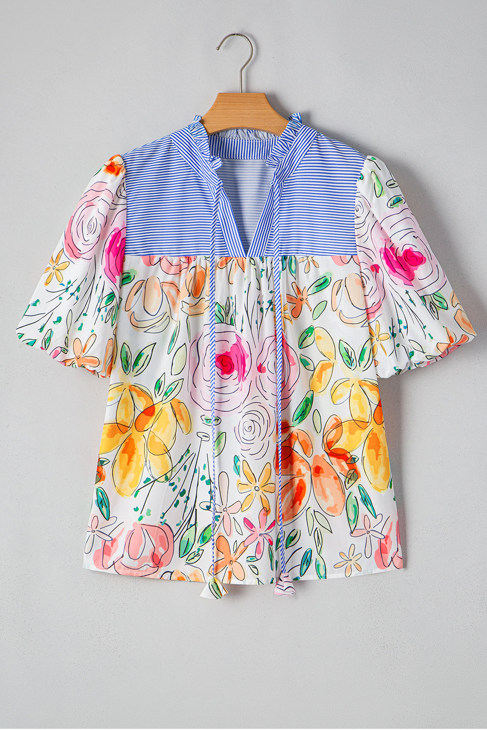 DEARLOVER  Floral Print Striped Yoke Frilled V Neck Puff Short Sleeve Blouse