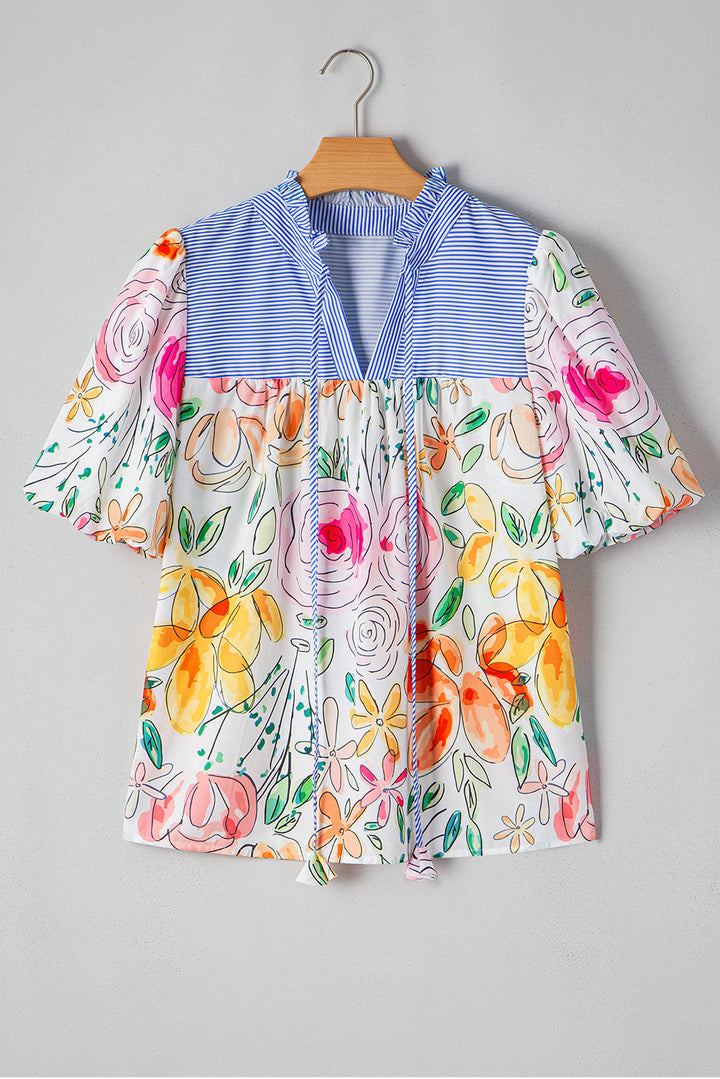 DEARLOVER  Floral Print Striped Yoke Frilled V Neck Puff Short Sleeve Blouse