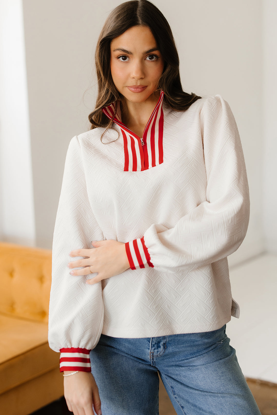 Textured Knit Contrast Striped Accent Zipped Collar Pullover Top