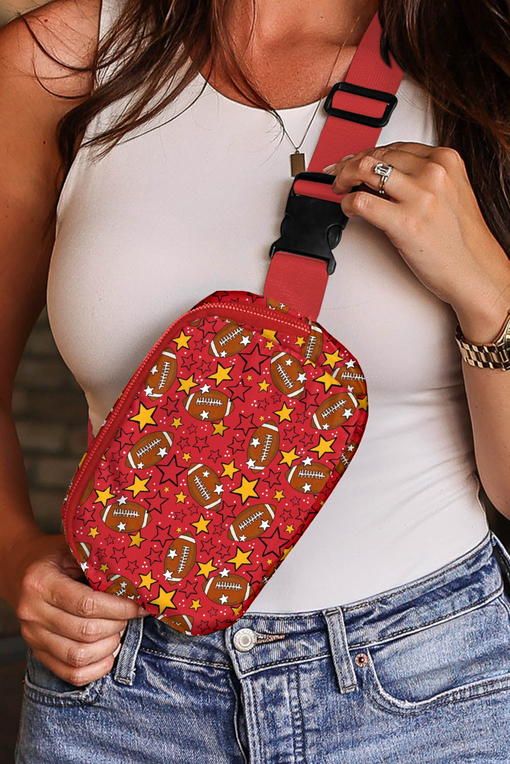 Rugby Football Star Printed Buckle Strap Crossbody Bag