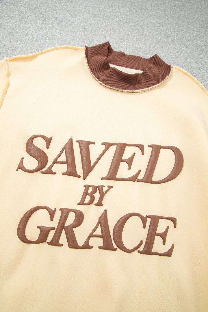 Coffee Saved By Grace Print Color Block Mock Neck Oversized Sweatshirt