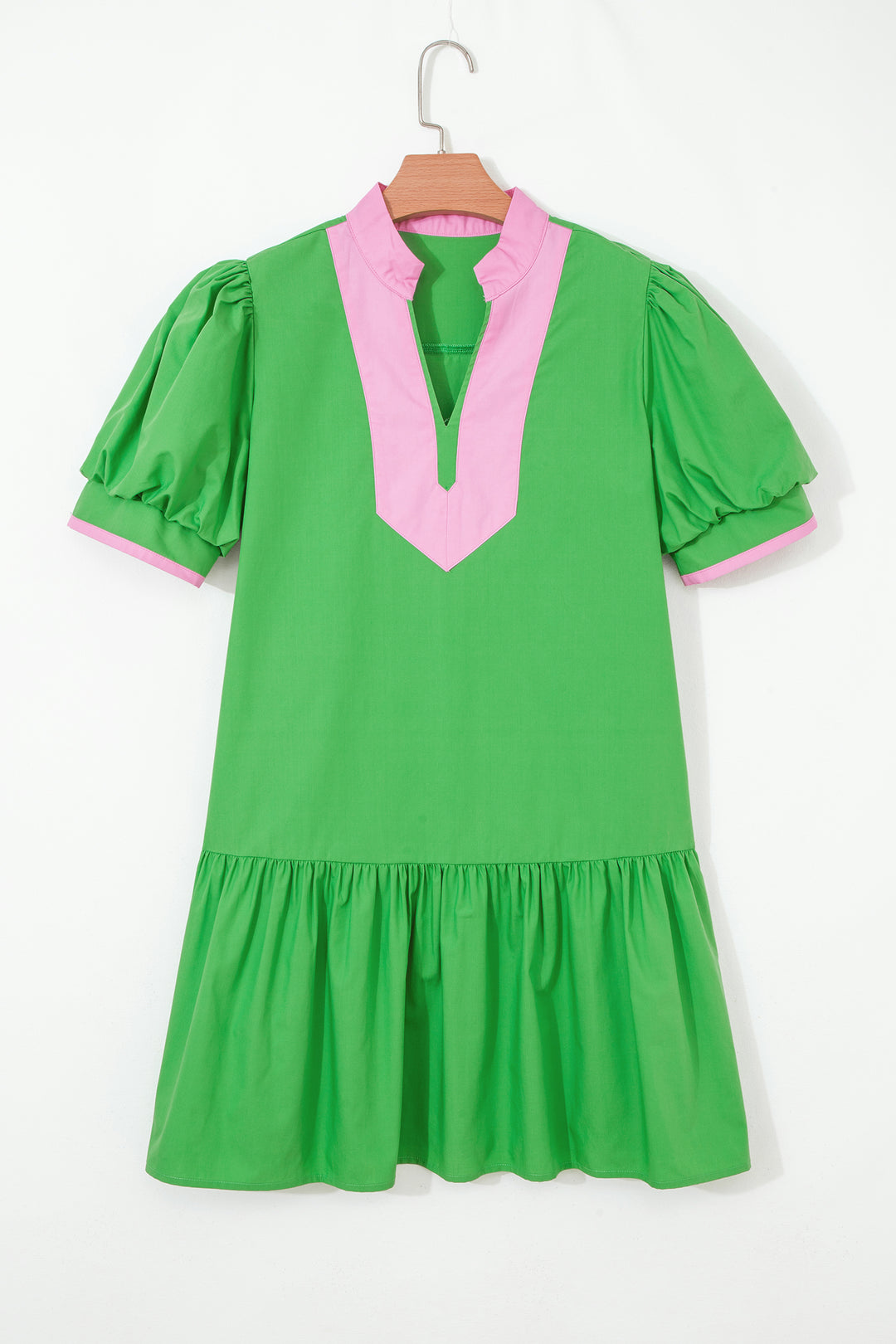 Color Block Detail Split Neck Short Puff Sleeve Ruffle Hem Mini Dress