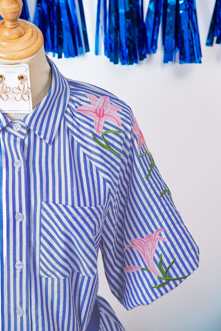 Sky Blue Stripe Lily Floral Embroidered Puff Sleeve Button Down Shirt