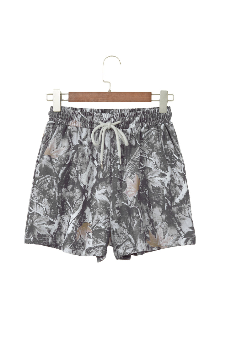 Gray Abstract Maple Leaf Printed Tie Elastic Waist Shorts