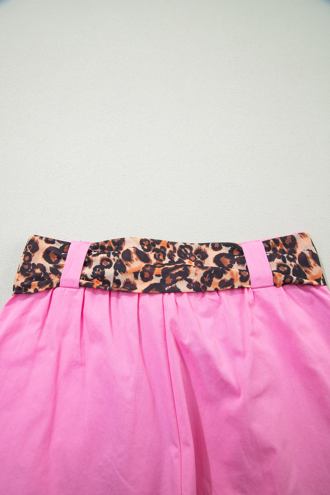Bright Pink Leopard Contrast Sash Belt Pleated Wide Leg Shorts