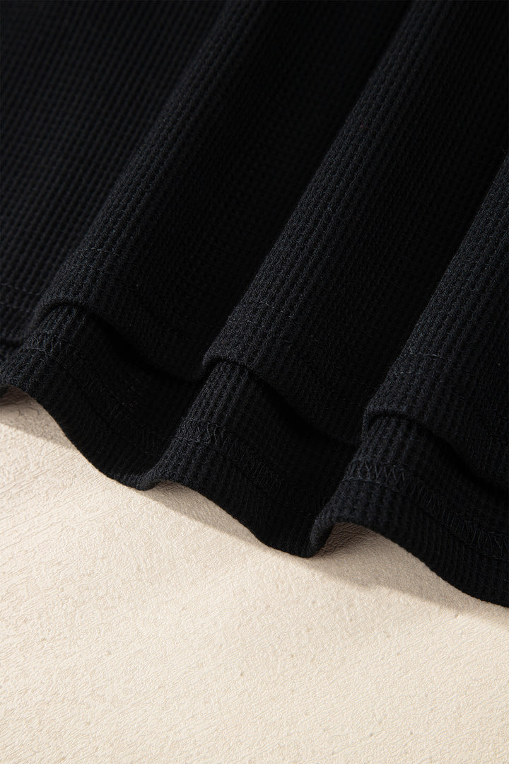 Black Waffle Knit Denim Contrast Trim Patchwork Button Polo Tee Dress