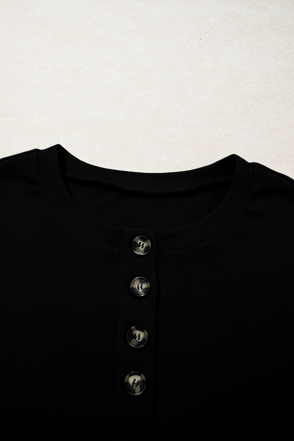 Black Solid Button Placket Crew Neck Plus Size Sweatshirt