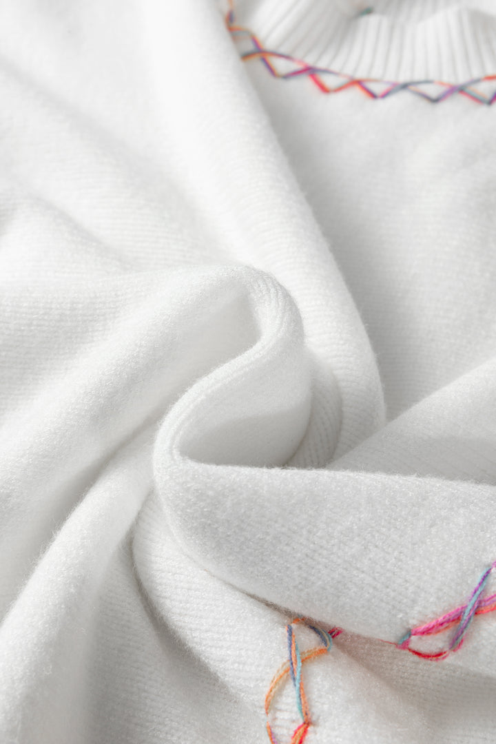White Rainbow Stitching Balloon Sleeve Relaxed Sweater