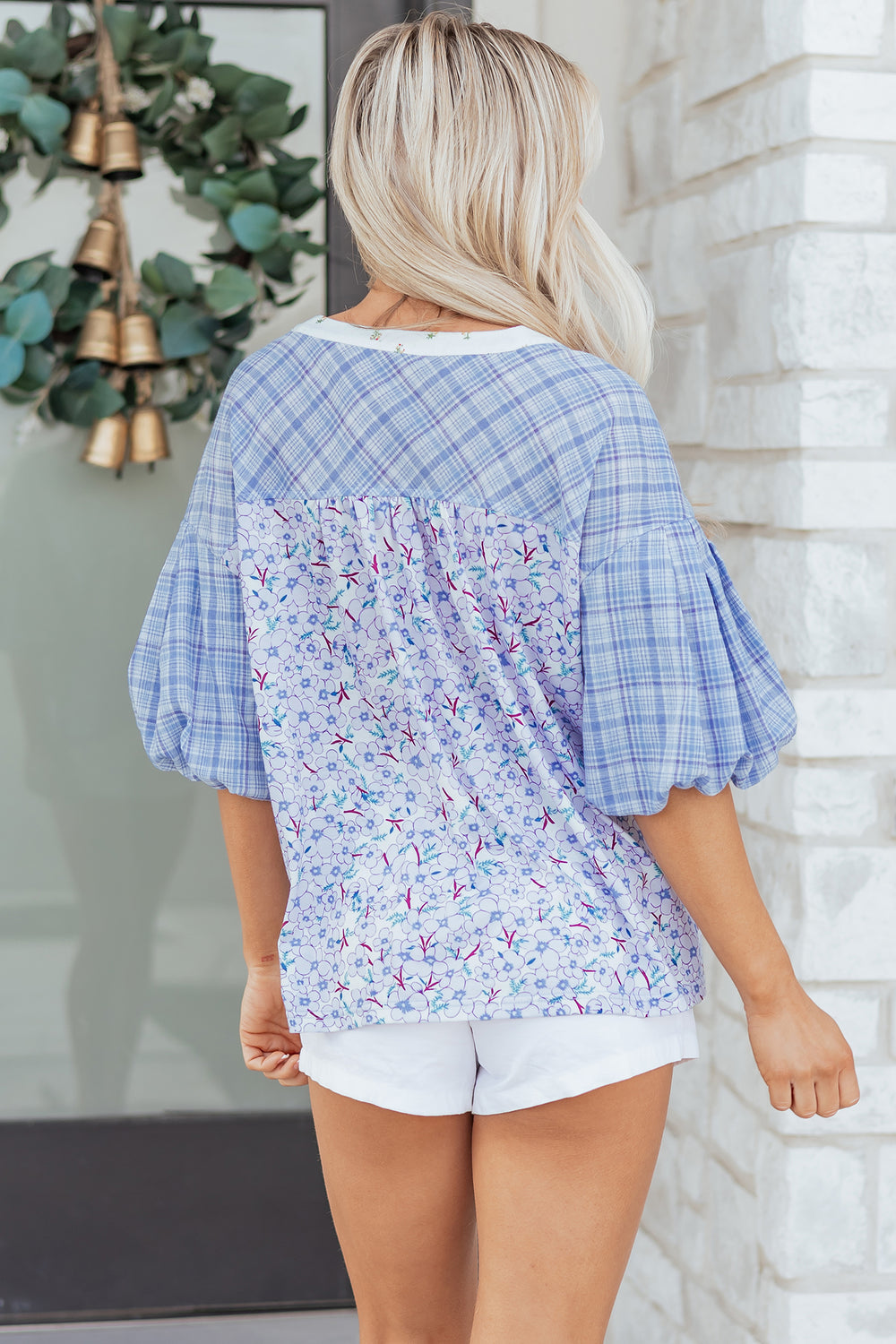 Color Block Plaid Bubble Sleeve Patchwork Blouse