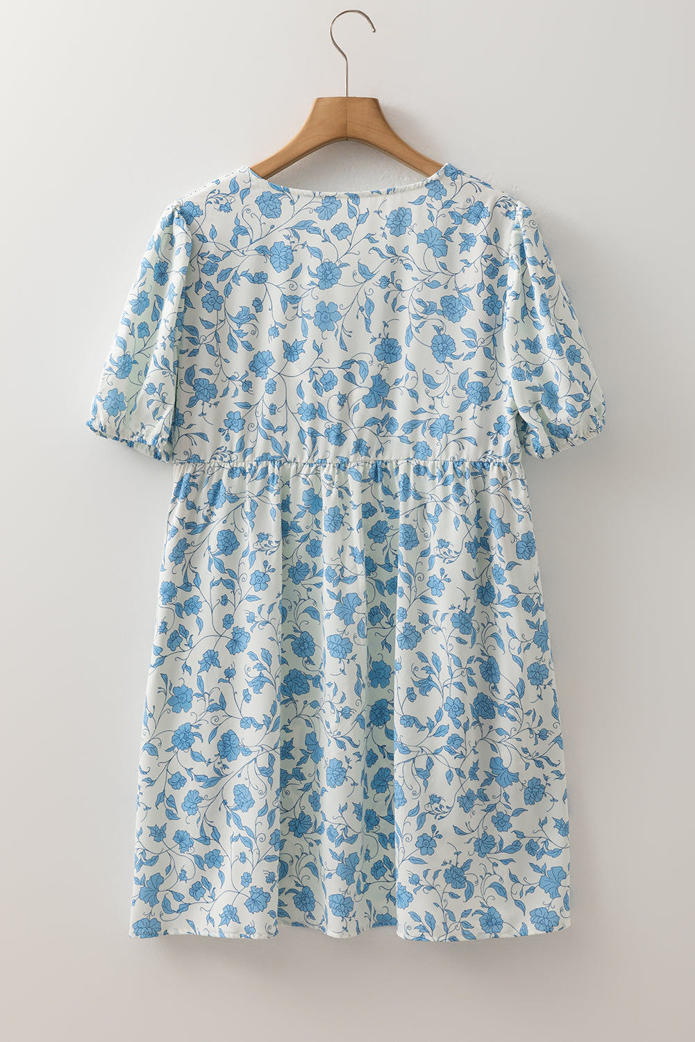 Cute Sky Blue Floral Contrast Bow Puff Sleeve Mini Dress