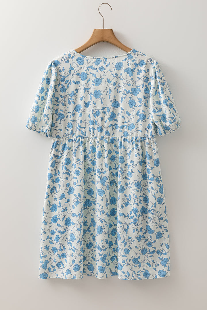 Cute Sky Blue Floral Contrast Bow Puff Sleeve Mini Dress