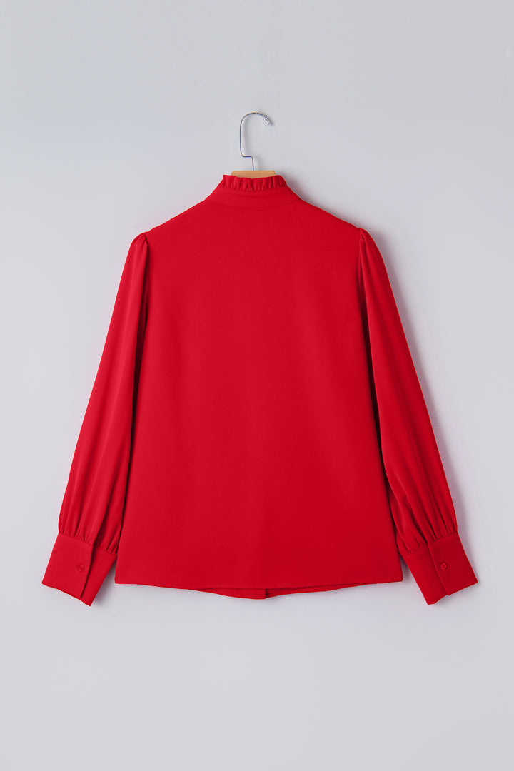 Fiery Red Frilled Trim Button Up Pleated Long Sleeve Shirt
