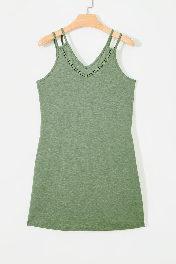 Grass Green Solid Color Lace Detail V Neck Sleeveless Shift Mini Dress