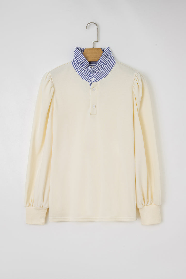 White Button Striped Collar Patchwork Puff Sleeve Sweatshirt