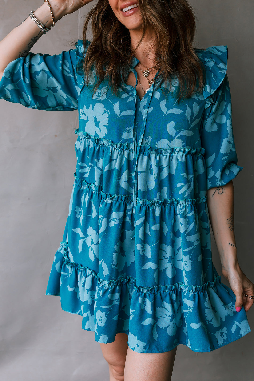 Flower Half Sleeve Tiered Ruffled Mini Dress